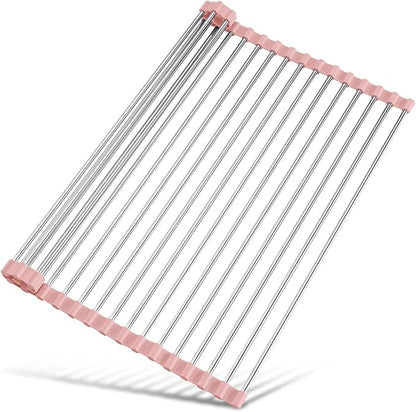 Tomorotec 21" x 15.5" Roll Up Dish Drying Rack Over Sink Drying Rack Sink Cover Kitchen Sink Accessories Gadget Multipurpose Organizer Foldable Stainless Steel Drainer