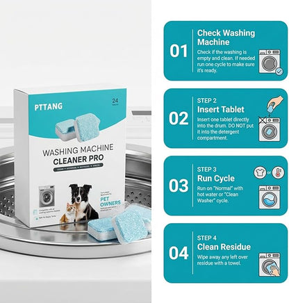 Washing Machine Cleaner Tablets for Pet Owners 24 Pack, Pet Hair Remover for Laundry, Septic Safe Removes Pet Hair Odor and Limescale