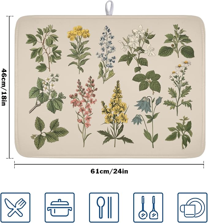 Vintage Plants Herbs Floral Dish Drying Mat for Kitchen Counter Retro Leaf Drying Mat 18x24 Inch Rustic Farmhouse Absorbent Dish Drainer Mat Kitchen Accessories