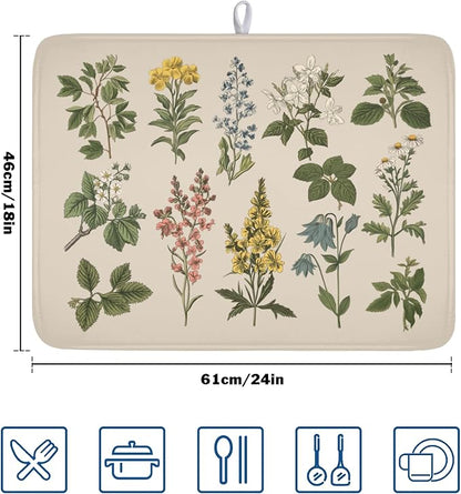 Vintage Plants Herbs Floral Dish Drying Mat for Kitchen Counter Retro Leaf Drying Mat 18x24 Inch Rustic Farmhouse Absorbent Dish Drainer Mat Kitchen Accessories