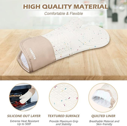 Extra Long Oven Mitts and Potholders 6Pcs Set, 500°F Heat Resistant Kitchen Oven Gloves 15'' Oven Mitts with Non-Slip Silicone Surface Soft Cotton Lining for Cooking, Baking and Grilling - Milky White