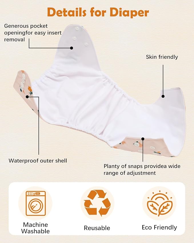 Babygoal Baby Cloth Diaper 6 Pack with 6pcs Inserts and Wet Bag for Fitted Diapers and Prefolds, Adjustable and Reusable Covers for Toddler Boys and Girls