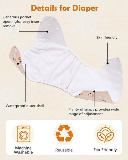 Babygoal Baby Cloth Diaper 6 Pack with 6pcs Inserts and Wet Bag for Fitted Diapers and Prefolds, Adjustable and Reusable Covers for Toddler Boys and Girls
