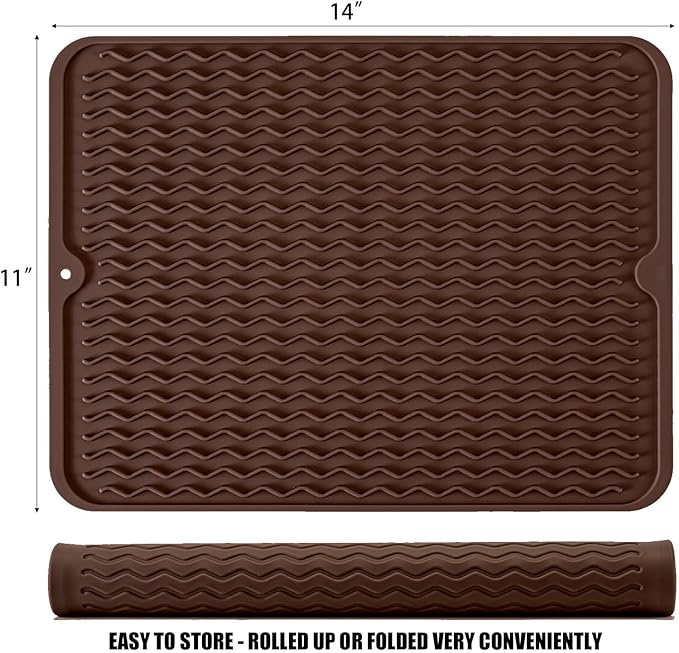 Large 14" x 11" Silicone Dish Drying Mat for Kitchen Counter, Easy clean, Quick Dry, Heat-resistant Dish Drainer Mat for Sink,Refrigerator or Drawer liner (Food Grade Silicone-Coffee)