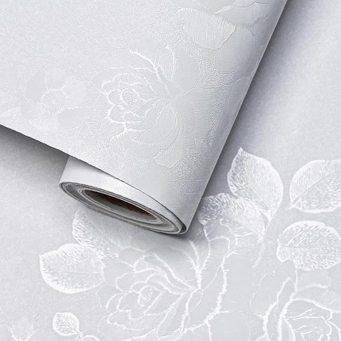 White Wallpaper Silk Embossed Floral White Contact Paper for Cabinets Furniture 197inL 17.7inW Textured Thicken Self Adhesive Wallpaper for Bedroom Flower Solid Contact Paper Vinyl Shelf Liner