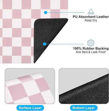 CooRug Checkered Dish Drying Mat for Kitchen Counter, Absorbent Non-Slip Coffee Mat, Heat Resistant Mat for Countertops Coffee Bar Decor 12" x 20" Pink