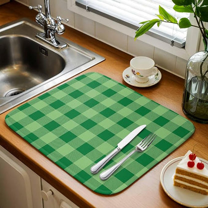 Dish Drying Mat Green White Check Plaid Drying Mats for Kitchen Counter Farmhouse Style Absorbent Microfiber Dish Drainer Quick Drying Coffee Mat with Hanging Loop, 18 x24 inch