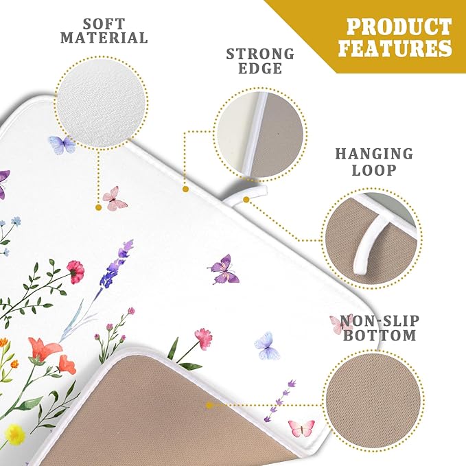 Watercolor Floral Dish Drying Mat for Kitchen Counter 16x18 Inch Spring Summer Wild Flower Butterfly Absorbent Reversible Microfiber Dish Drainer Rack Mats Countertops Protector Mat