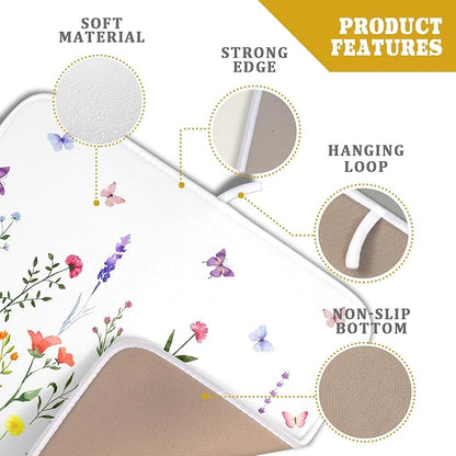 Watercolor Floral Dish Drying Mat for Kitchen Counter 16x18 Inch Spring Summer Wild Flower Butterfly Absorbent Reversible Microfiber Dish Drainer Rack Mats Countertops Protector Mat