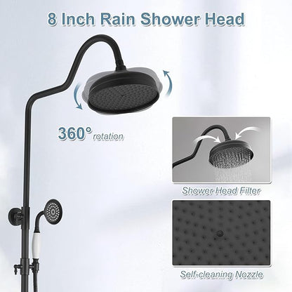 BWE Matte Black Shower Kit Exposed Shower System 8-Inch Rainfall Shower Head with Handheld Spray High Pressure Double Cross Knobs Shower Fixture Wall Mount