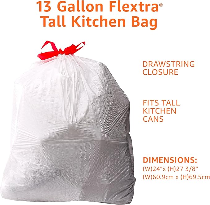 Amazon Basics 13 Gallon Tall Kitchen Drawstring Trash Bags, Flextra Strength, Tear Resistant, Clean Fresh Scent, 10% Post Consumer Recycled, 120 Count
