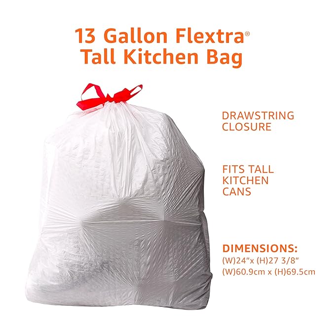Amazon Basics Flextra Strength Tall Kitchen Drawstring Trash Bags, Fresh Scent, Tear Resistant, 13 Gallon, 90 Count