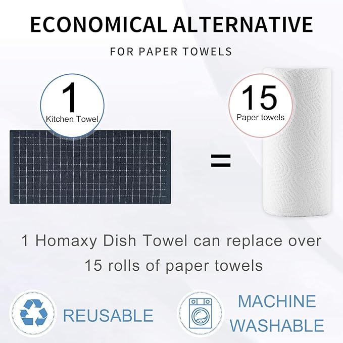 Homaxy 100% Cotton Terry Kitchen Towels(Dark Grey, 13 x 28 inches), Checkered Designed, Soft and Super Absorbent Dish Towels, 24 Pack