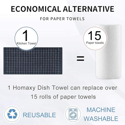 Homaxy 100% Cotton Terry Kitchen Towels(Dark Grey, 13 x 28 inches), Checkered Designed, Soft and Super Absorbent Dish Towels, 6 Pack