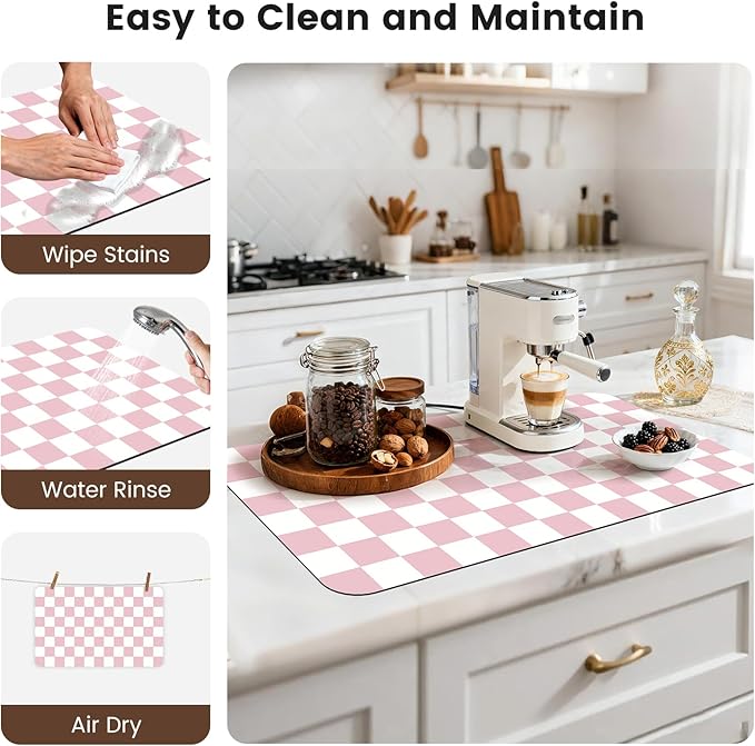 17" x 32" Checkered Dish Drying Mat for Kitchen Counter, Absorbent Coffee Bar Mat for Espresso Machine Coffee Countertops Accessories (Pink)