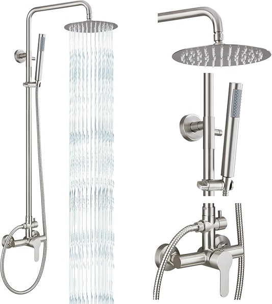gotonovo Outdoor Shower Fixtures SUS304 Stainless Steel Rain Shower Kit Faucet High Pressure Wall Mount 2 Dual Function 8 Inch Showerhead and Handheld Spray Combo, Single Handle, Brushed Nickel