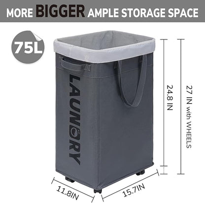 Goodpick Laundry Basket with Wheels, Laundry Hamper with Removable Wash Bag, Clothes Hamper, Rolling Laundry Basket, Dorm Room Essentials, 75L, Grey