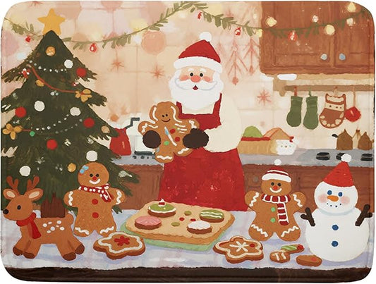 Christmas Dish Drying Mat for Kitchen Counter 18x24 Santa Claus Gingerbread Winter Xmas Holiday Themed Absorbent Reversible Microfiber Drying Mats Kitchen Countertop Protector Dishes Drainer Rack Pad