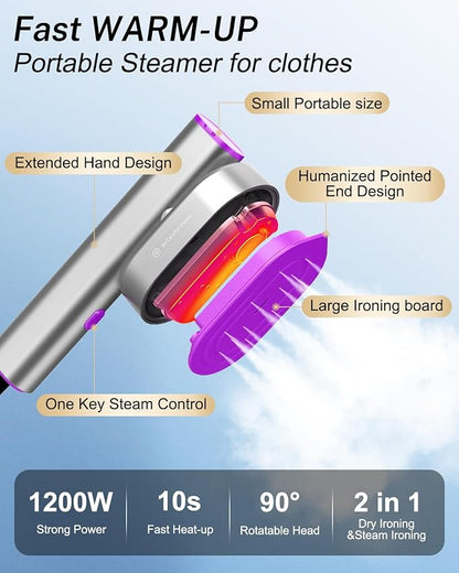 Steamer for Clothes ELORTI, Travel Clothes Steamer Handheld Portable Mini Small, 2-in-1 iron with 10s Fast Heat-Up, Rotatable Head 1200W, 110-120V, Office & Home, purple
