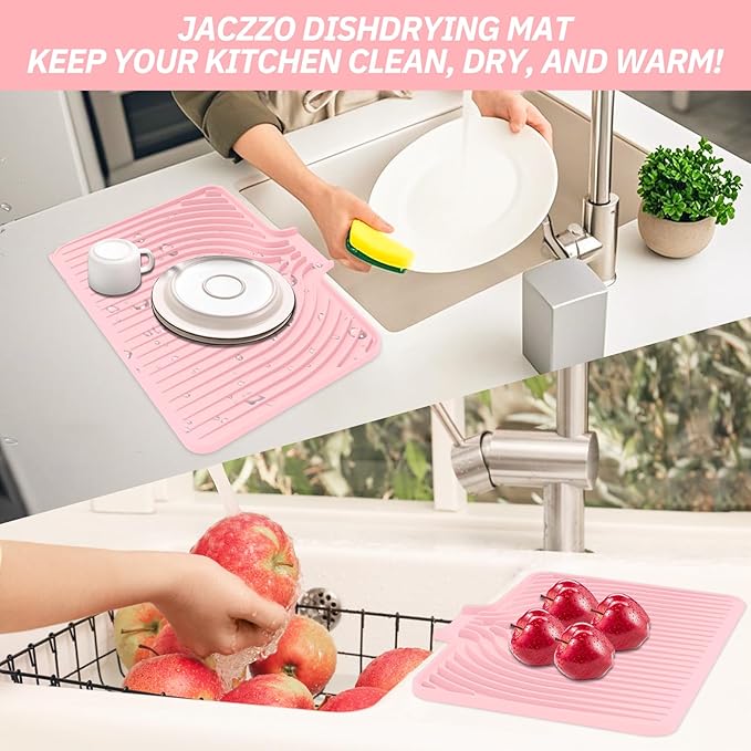 Dish Drying Mat for Kitchen Counter, with Built-in Drain Lip, Food-Grade Silicone, Easy Clean Pad for Countertop Protection, Multi-Functional Use (18x11.8, Pink)