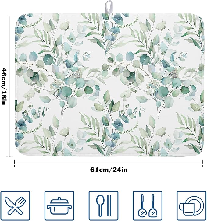 Sage Green Leaves Dish Drying Mats for Kitchen Counter 18x24 Inch, Leaves Kitchen Drying Mat,Watercolor Herbs Dishes Pad Dish Drainer Rack Mats Absorbent Fast Dry Kitchen Accessories