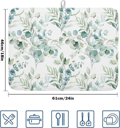 Sage Green Leaves Dish Drying Mats for Kitchen Counter 18x24 Inch, Leaves Kitchen Drying Mat,Watercolor Herbs Dishes Pad Dish Drainer Rack Mats Absorbent Fast Dry Kitchen Accessories