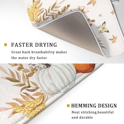 Fall Pumpkin Maple Dish Drying Mat for Kitchen Counter,Autumn Butterflies Harvest Drying Mat 18 x 24 Inch with Absorbent Reversible Microfiber Dish Drying Pad Dish Rack Drainer Mat for Coffee Bar