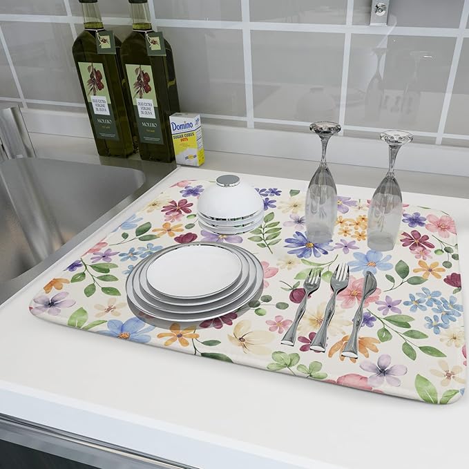Spring Floral Dish Drying Mat for Kitchen Counter 18x24 Easter Green Pink Purple Blue Cute Flower Print Absorbent Reversible Microfiber Drying Mats Kitchen Countertop Protector Dishes Drainer Pad