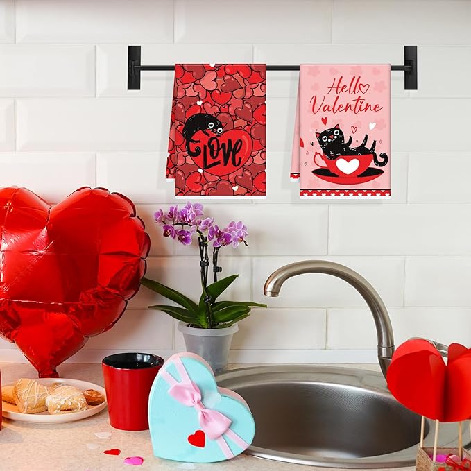 Valentines Day Kitchen Towels, 4PCS Cat Hand Towels for Cooking Cleaning, Absorbent Aesthetic Tea Towel with Hanging Loop for Valentines Home Kitchen Decor(16 X 24 Inches)
