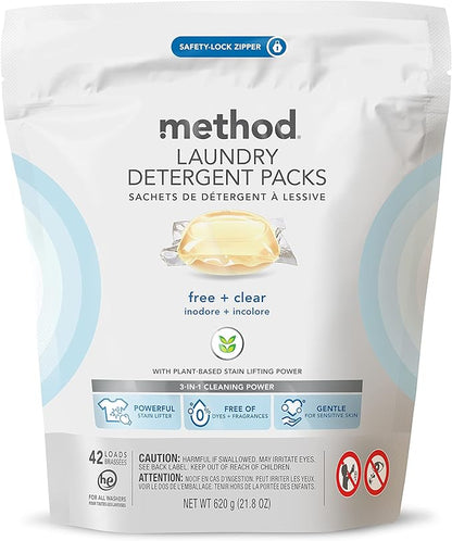 Method Laundry Detergent Packs, Free + Clear, 42 Count, 1 pack, Packaging May Vary