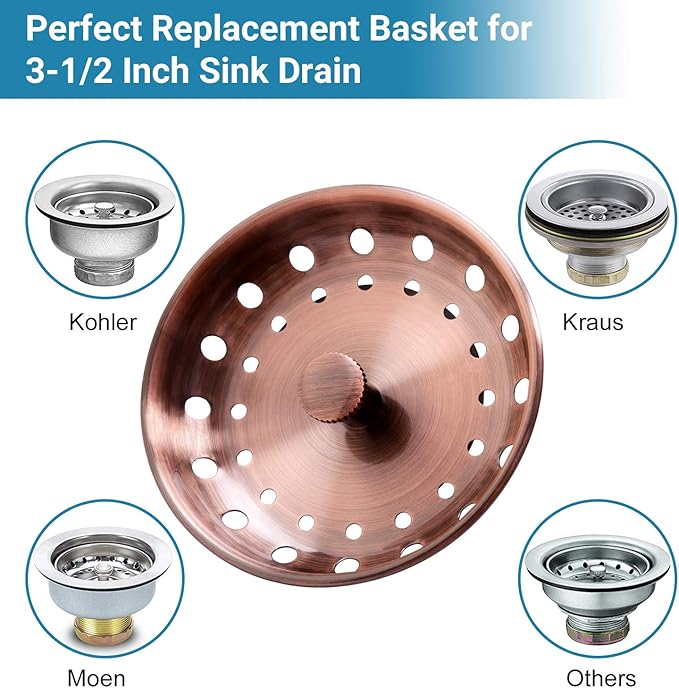 KONE Copper Kitchen Sink Strainer Basket, 2 Pcs Stainless Steel Antique Copper Sink Drain Strainer and Sink Stopper for Standard 3-1/2 inch Sink Drain, with Metal Center Knob and Rubber Drain Stopper
