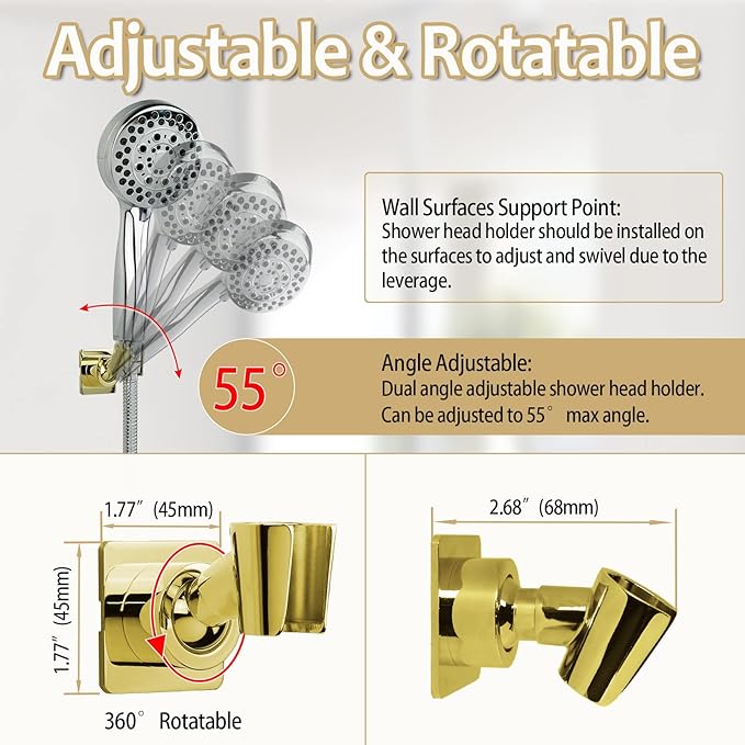 Shower Head Holder Handheld Shower Wand Holder Adjustable Shower Head Bracket Shower Wall Mount Holder, Polished Brass/Gold Finish, Drill Free Glue Installation