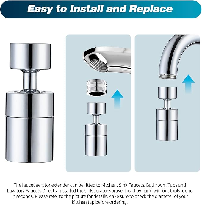 360° Swivel Faucet Aerator, Dual Mode Water Saving Sprayer Head, Chrome Brass Nozzle, Universal Fit for Kitchen & Bathroom Sinks (22mm Male & 24mm Female)