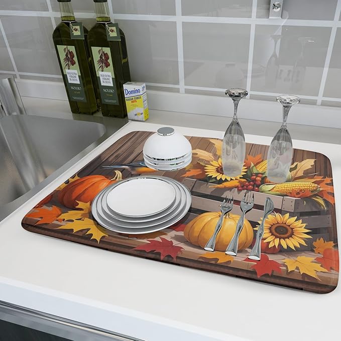 Fall Thanksgiving Dish Drying Mat for Kitchen Counter 18x24 Pumpkin Sunflower Bird Autumn Harvest Theme Absorbent Reversible Microfiber Drying Mats Kitchen Countertop Protector Dishes Drainer Pad