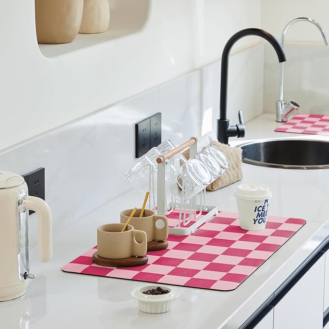 Ohocut Checkered Dish Drying Mat for Kitchen Counter, Coffee Bar Station Accessories, Retro Cute Aesthetic Modern Absorbent Drainer Mat Kitchen Drying Mat Easy Clean, Hot Pink 12" x 19"