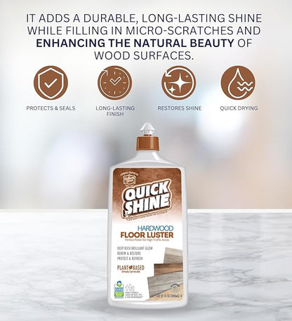 Quick Shine Hardwood Floor Luster Liquid 27 oz Bundle with Microfiber Cloth - Restores Richness & Beauty - Carnauba Protection - Hardwood Floor Polish - Long-Lasting Shine - (3 Items)