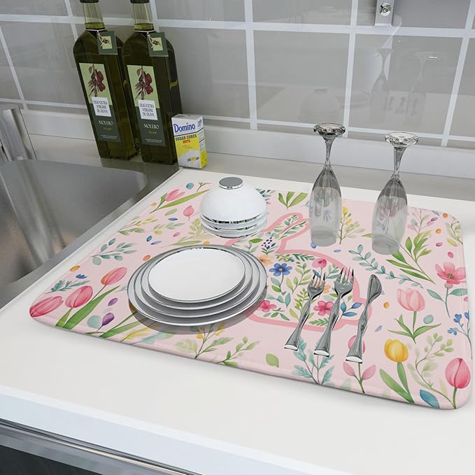 Spring Easter Bunny Flowers Pink Dish Drying Mat 18 x 24 Inch With Absorbent Reversible Microfiber Butterfly Tulip Floral Rabbit Holiday Drying Mats Fast Dry Pad Draining Mat For Kitchen Countertop