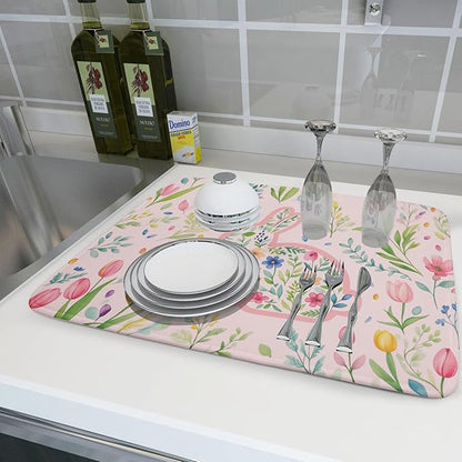 Spring Easter Bunny Flowers Pink Dish Drying Mat 18 x 24 Inch With Absorbent Reversible Microfiber Butterfly Tulip Floral Rabbit Holiday Drying Mats Fast Dry Pad Draining Mat For Kitchen Countertop