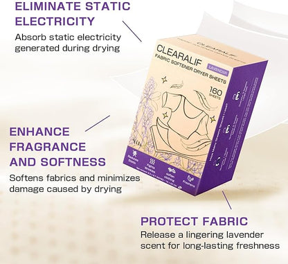 CLEARALIF All in One Laundry Detergent Sheets Kit, Lavender Scent, 160 Loads Laundry Sheets + 160 Drying Sheets, Laundry Set Great for Travel, Softener Sheets Eco Package Friendly & Hypoallergenic