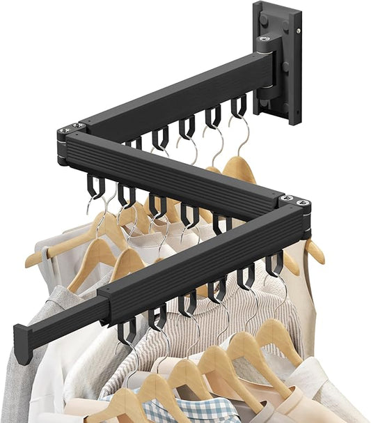 Wall Mounted Clothes Drying Rack, Collapsible Laundry Drying Rack, Retractable Foldable Drying Rack Clothing for Hanging Clothes,Black-Rings