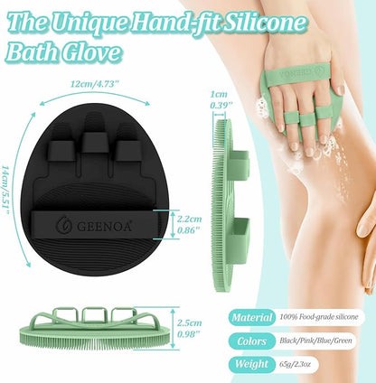 Silicone Back/Face Scrubber & Soft Bath Glove 3PCS, 16''- 24'' Extendable Shower Back Scrubber, 360° Anti-Slip & Hand-fit Silicone Body Scrubber, Manual Face Brush for All-round Cleaning(Green)
