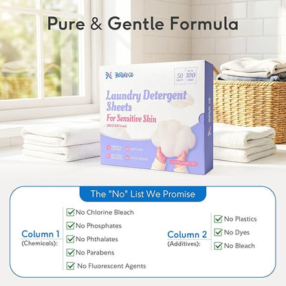 BellaLuce Sensitive Skin Laundry Detergent Sheets, 100 Loads (50 Count) - Hypoallergenic & Fragrance Free Washing Strips, Gentle for Baby, Travel & Dorm Essentials