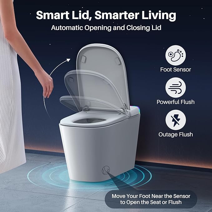 Luxury Smart Toilet with Built-in Tank & Bidet– Ultra-Quiet 4s Flush, Foam Shield for Splash-Free, Auto Open/Close Lid, Foot Sensor, Dual User Memory, 12” Rough-In One-Piece Elongated(ZY760A)