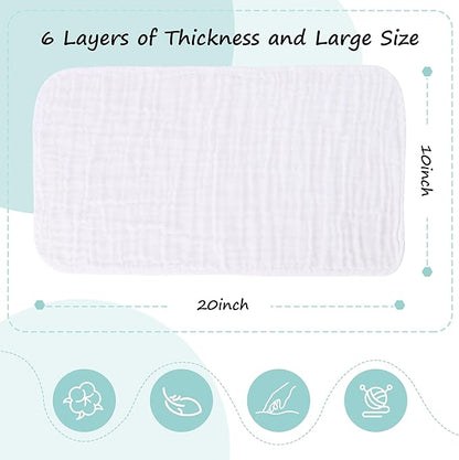HIPHOP PANDA 20 Pack 6-Layers Muslin Burp Cloths Large - Durable 100% Cotton - Baby Essentials Extra Absorbent and Soft Boys & Girls Rags for Newborn Registry (White, 20" X10")