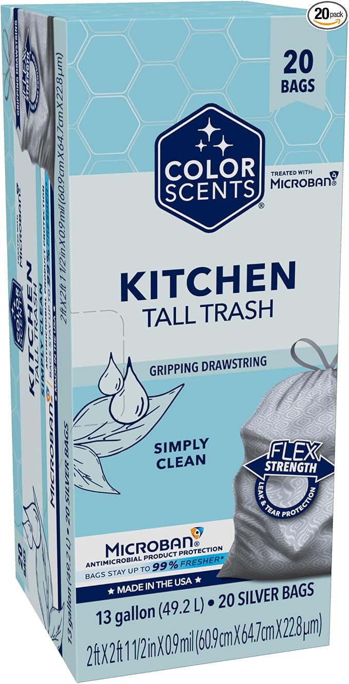Color Scents Tall Kitchen Trash Bags - 13 Gallon, 20 Bags (1 Pack of 20 Bags), Drawstring - Silver bag in Simply Clean Scent with Microban