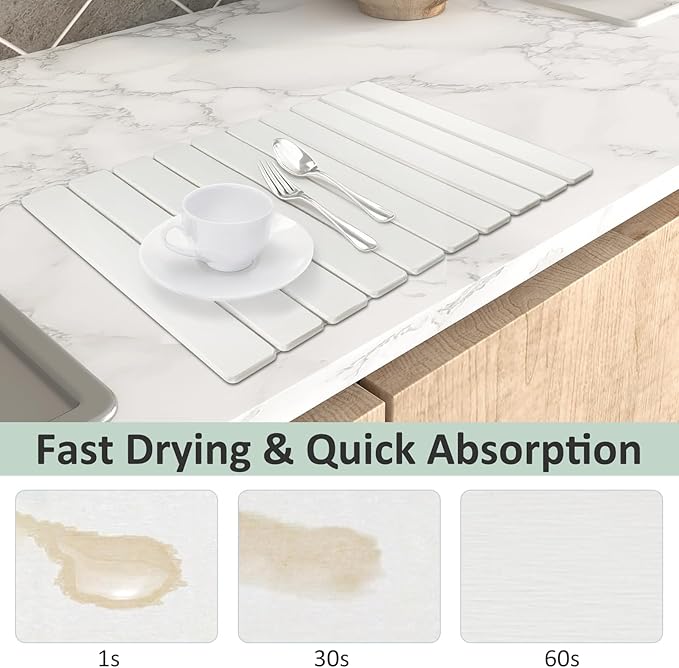 Large Stone Dish Drying Mat for Kitchen Counter, 24"×16" Collapsible Quick Drying Dish Mat, Eco-friendly, Ultra Absorbent Diatomaceous Earth Mats for Dishes Cookware Cups, Match Any Countertop
