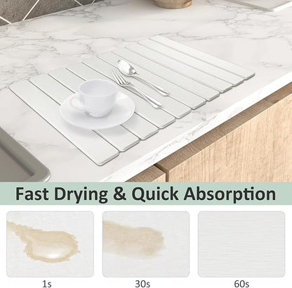Large Stone Dish Drying Mat for Kitchen Counter, 24"×16" Collapsible Quick Drying Dish Mat, Eco-friendly, Ultra Absorbent Diatomaceous Earth Mats for Dishes Cookware Cups, Match Any Countertop