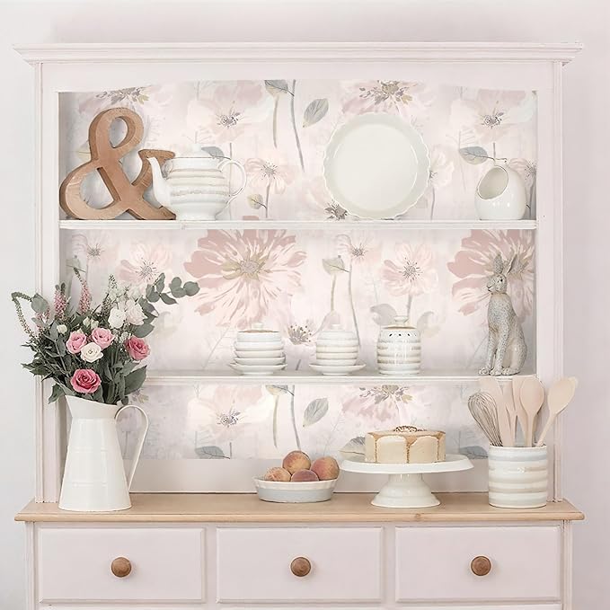 Ismoon 17.3''x362.2''Peel and Stick Wallpaper Vintage Floral Contact Paper Watercolor Pink Removable Self-Adhesive Wallpaper for Bathroom Bedroom Nursery Wildflower Botanical Wall Paper Vinyl Decor