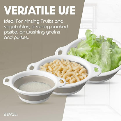 Gevoli Collapsible Colanders (3 Pack Set) Food Strainers with Over-Sink Water Draining Base for Pasta Fruits and Vegetables, White/Beige (3 Sizes, 3QT, 4QT and 5 Quart)