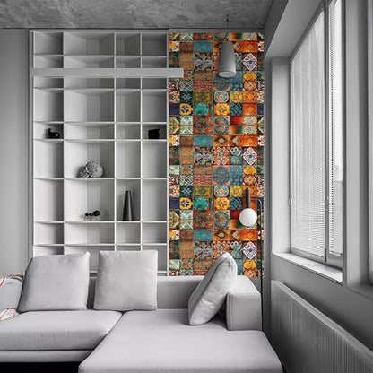 REDAMANCY Vintage Moroccan Ethnic Square Pattern Peel and Stick Door Stickers Vinyl 3D Door Mural Decals Decor Wallpaper Self-Adhesive, Waterproof, Removable
